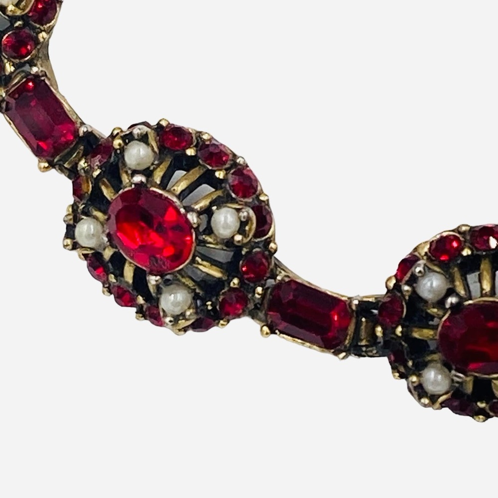 Vintage Hollycraft Red Rhinestone and Faux Pearl Bracelet and Earring Set - Picture 4 of 12